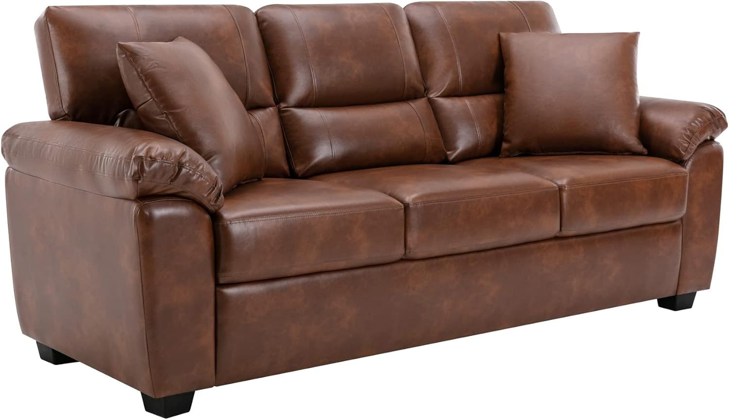 Brown Leather 3-Seat Flared Arm Sofa with Wood Frame