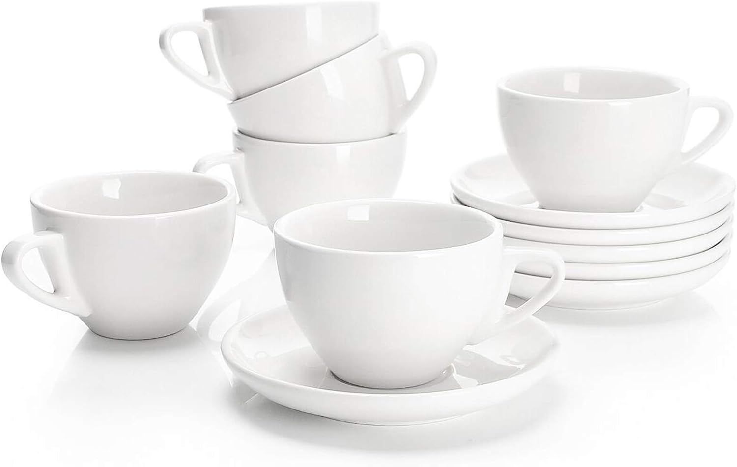 White Ceramic Cappuccino Cups with Saucers Set of 6