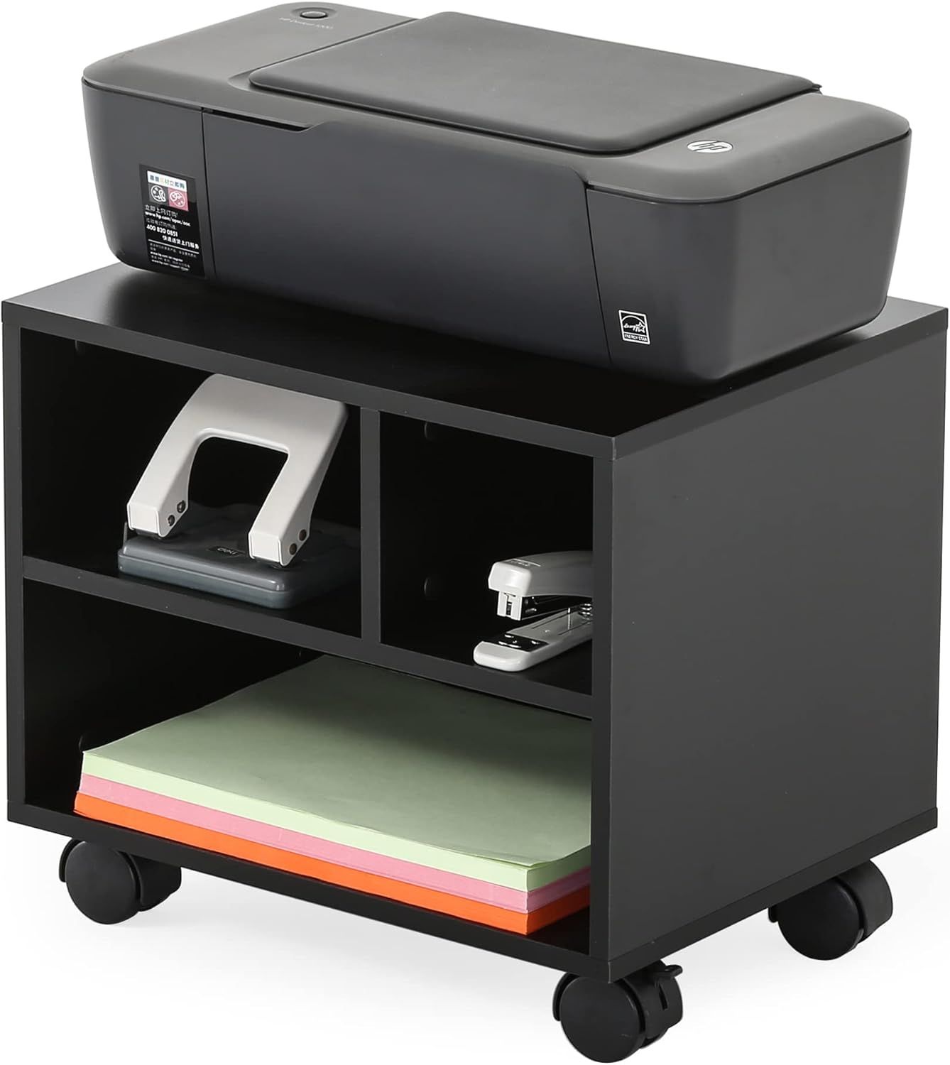 Black MDF Mobile Printer Stand with Storage and Wheels