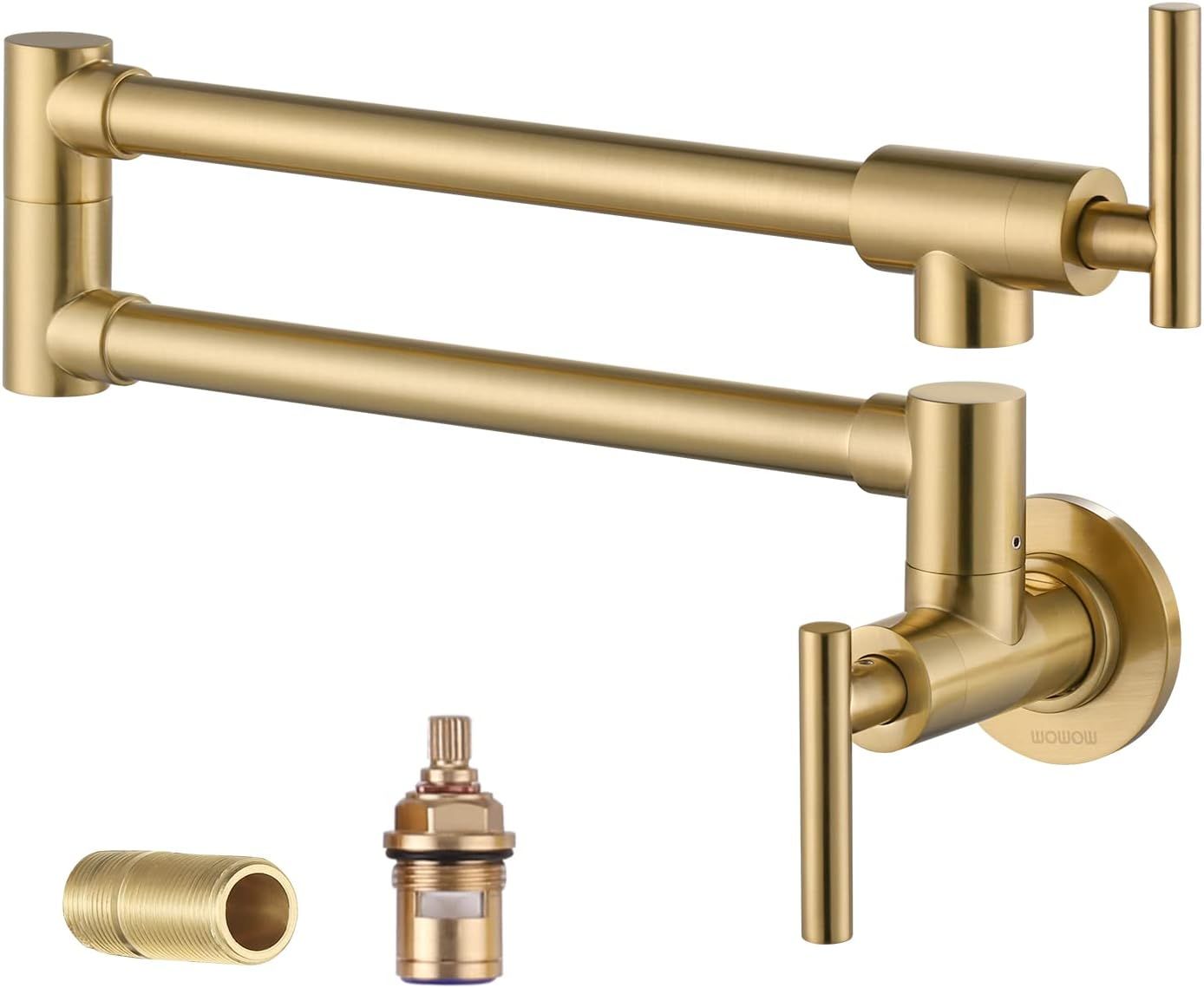 Brushed Gold Wall-Mount Dual Handle Pot Filler Faucet