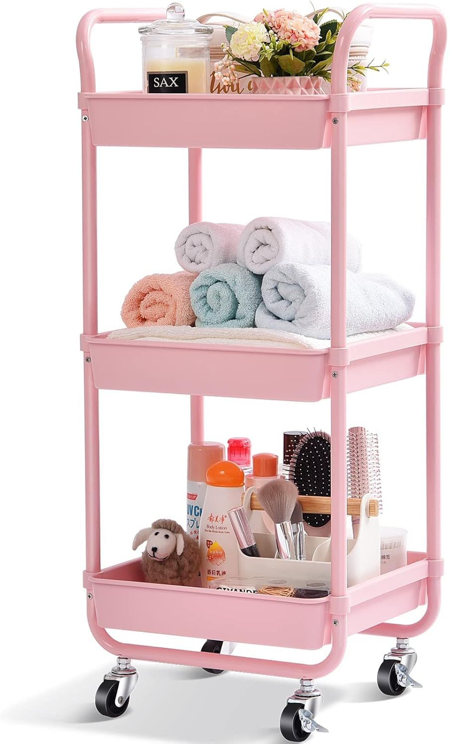 Pink 3-Tier Rolling Utility Cart with Alloy Steel Frame