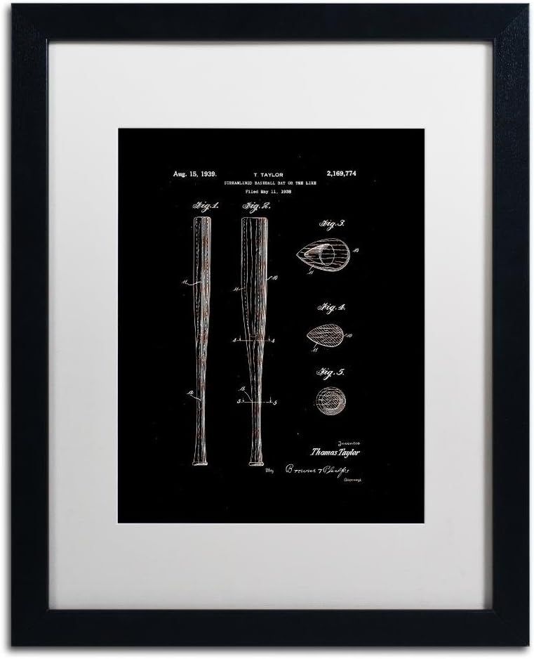 Black Framed Baseball Bat Patent Print on Canvas, 16x20 Inch