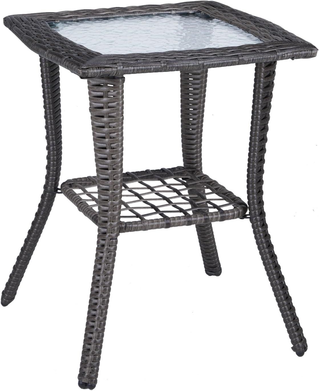 Gray Wicker Outdoor End Table with Glass Top and Storage Shelf