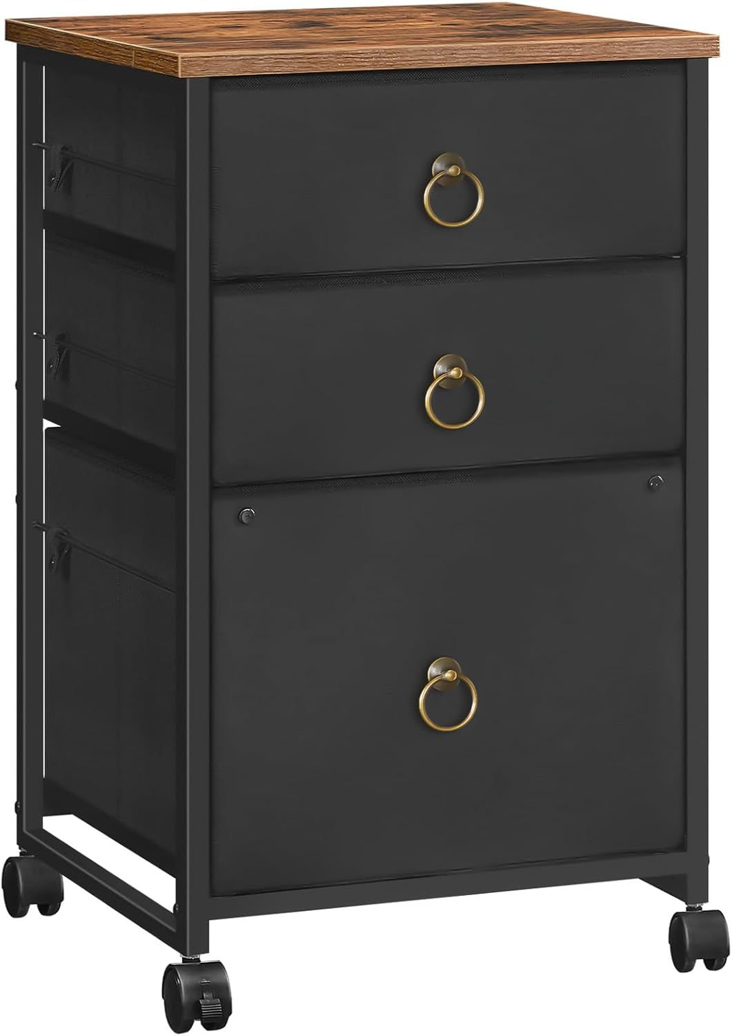 Rustic Brown and Black 3-Drawer Mobile Lockable Filing Cabinet