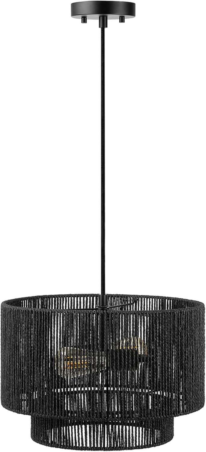 Matte Black Metal Drum Pendant Light with Paper Shade