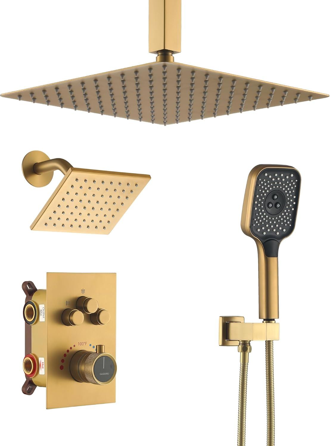 12-Inch Brushed Gold Thermostatic Dual Shower System with Handheld