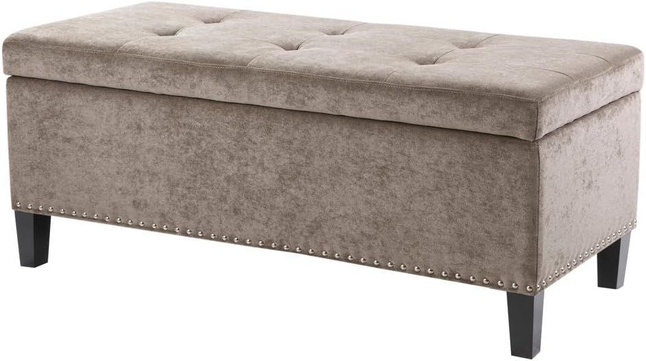 Taupe Tufted Storage Bench with Nailhead Trim and Black Wood Legs