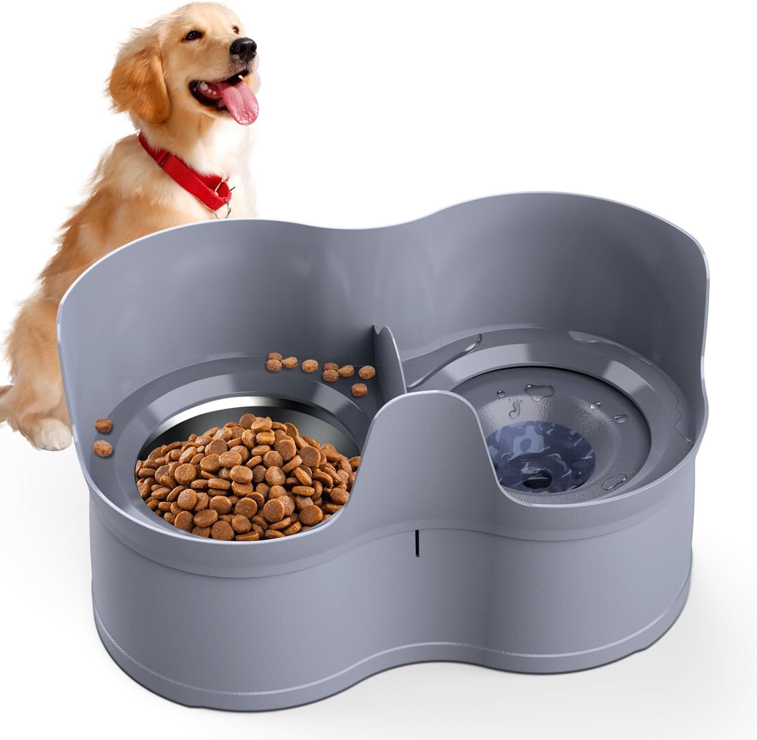 Gray Mess Proof Pet Feeder with Stainless Steel Bowls