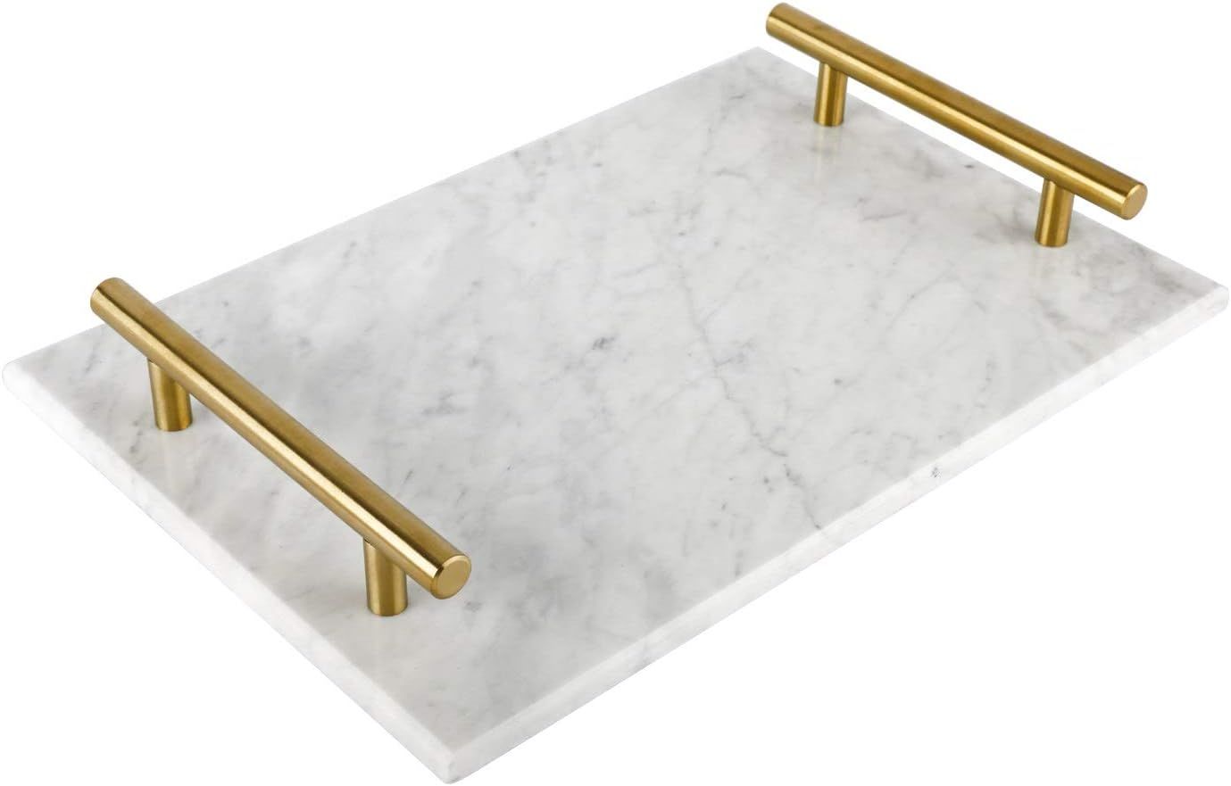 White Marble Rectangular Tray with Gold Metal Handles