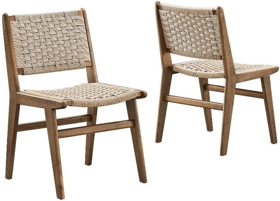 Walnut Natural Woven Rope Upholstered Side Chair Set