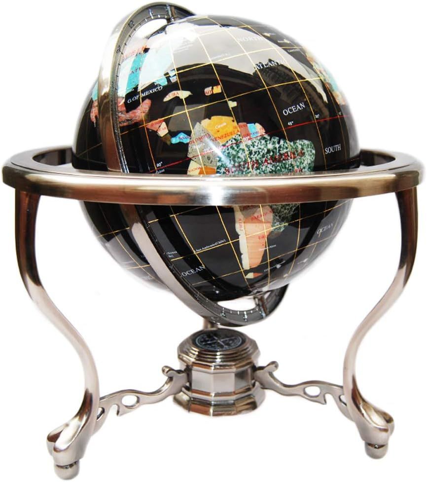 14" Black Onyx Gemstone Globe with Silver Stand