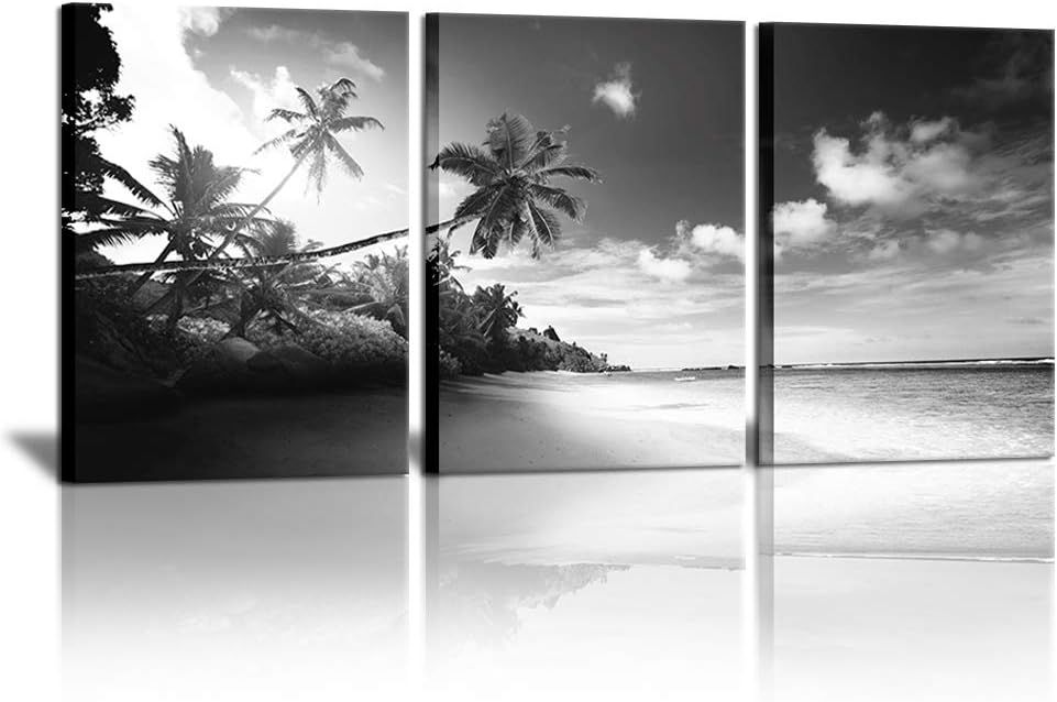 Black and White Tropical Beach Canvas Wall Art Set