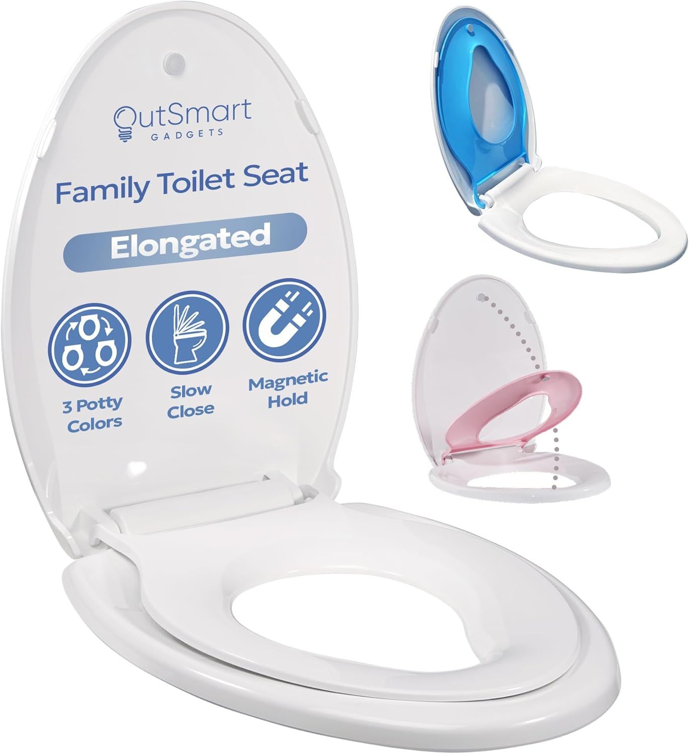 Elongated White Family Toilet Seat with Blue and Pink Toddler Attachments