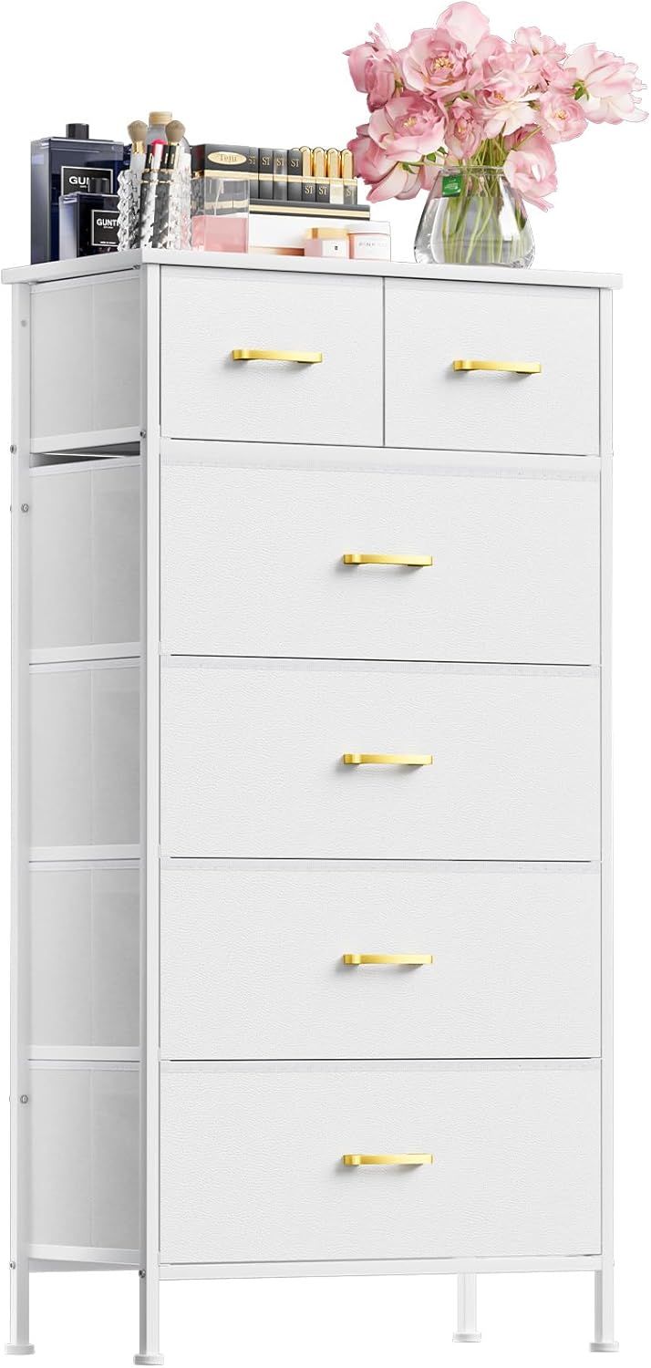 White Tall Dresser with Gold Handles and Fabric Bins