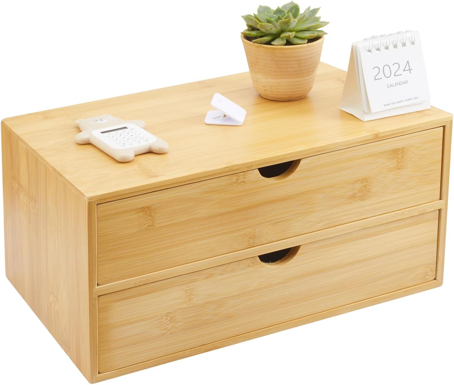 Natural Bamboo 2-Drawer Desk Organizer for Home and Office