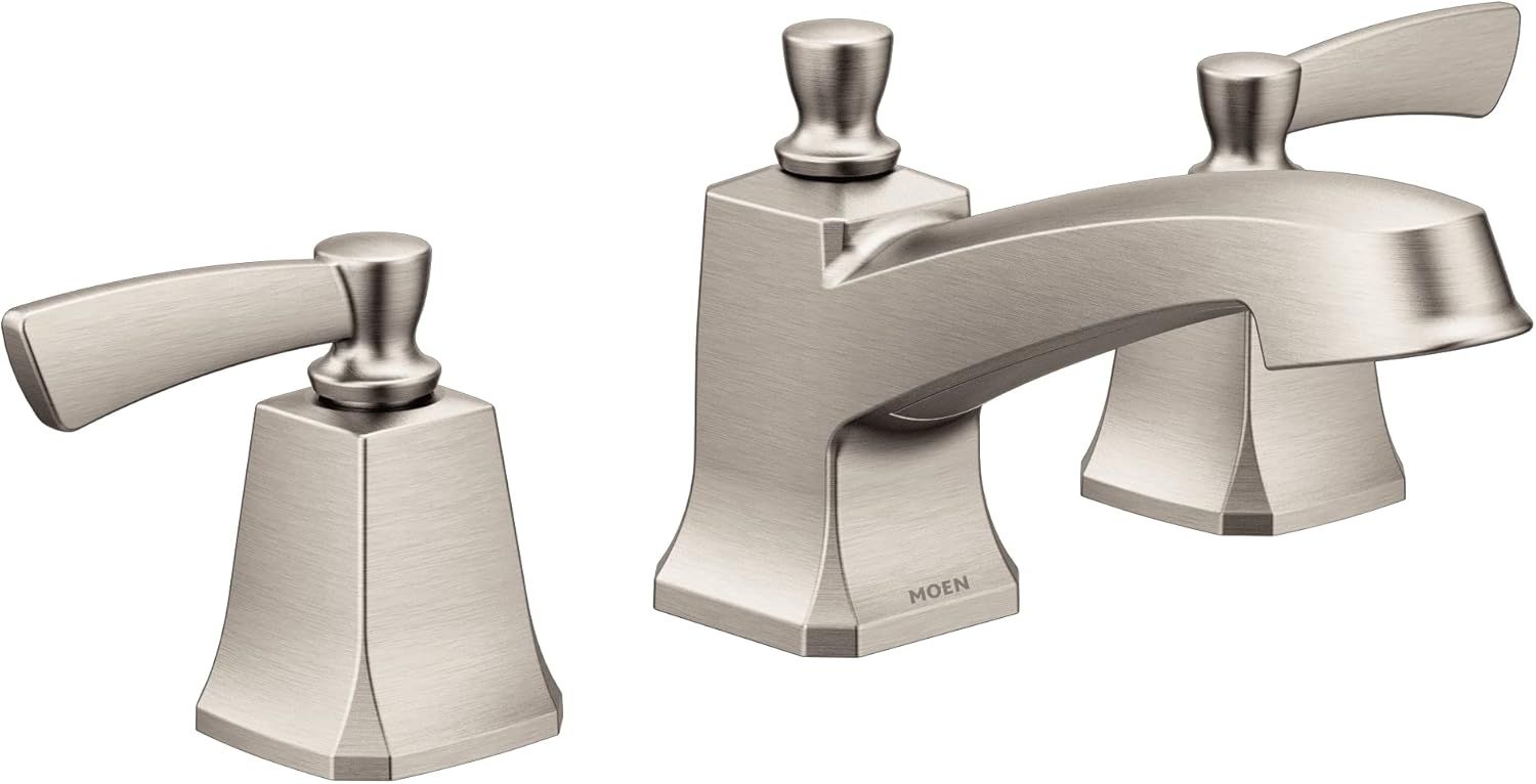 Spot Resist Brushed Nickel Double Handle Low Arc Bathroom Faucet