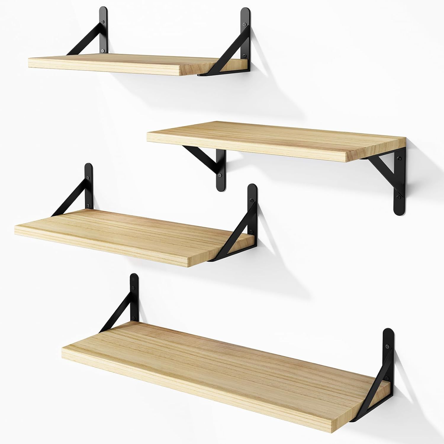 Natural Wood Floating Wall Shelves with Black Metal Brackets, Set of 4