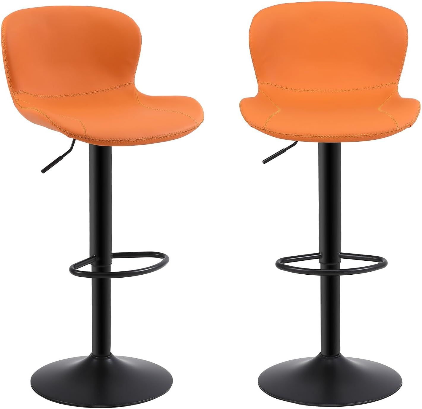 Orange Adjustable Swivel Metal and Leather Bar Stools Set