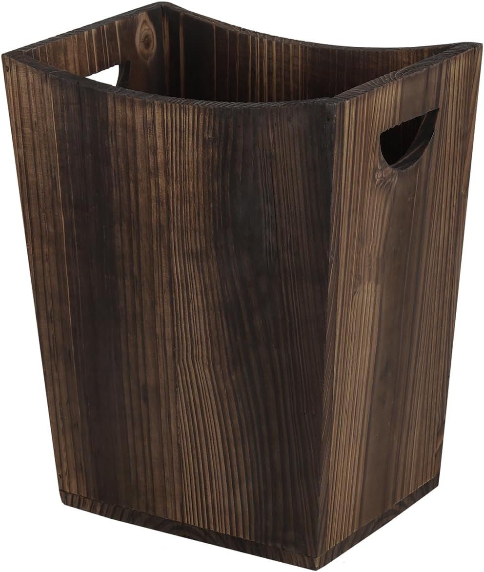 Rustic Brown Fir Wood Rectangular Wastebasket with Handles