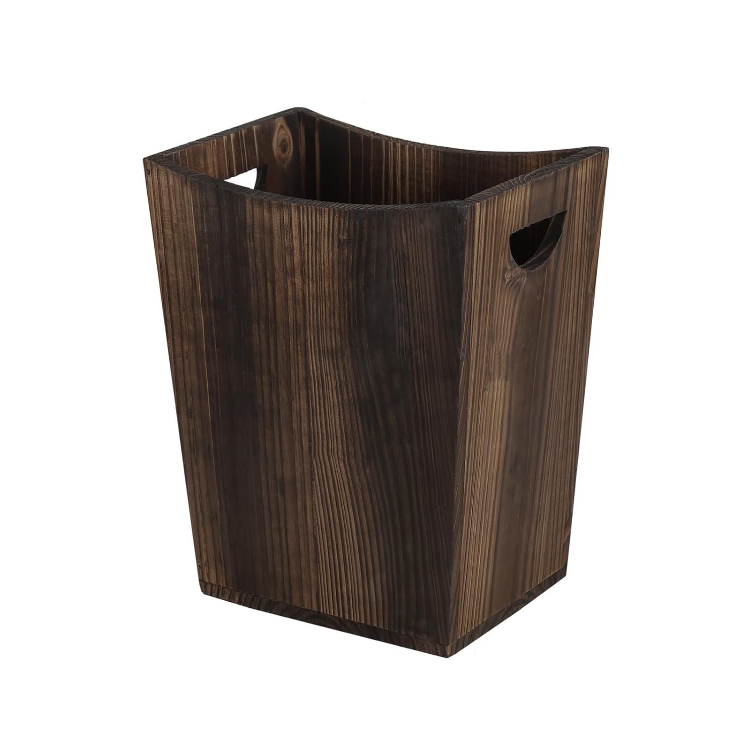 Rustic Brown Fir Wood Rectangular Wastebasket with Handles
