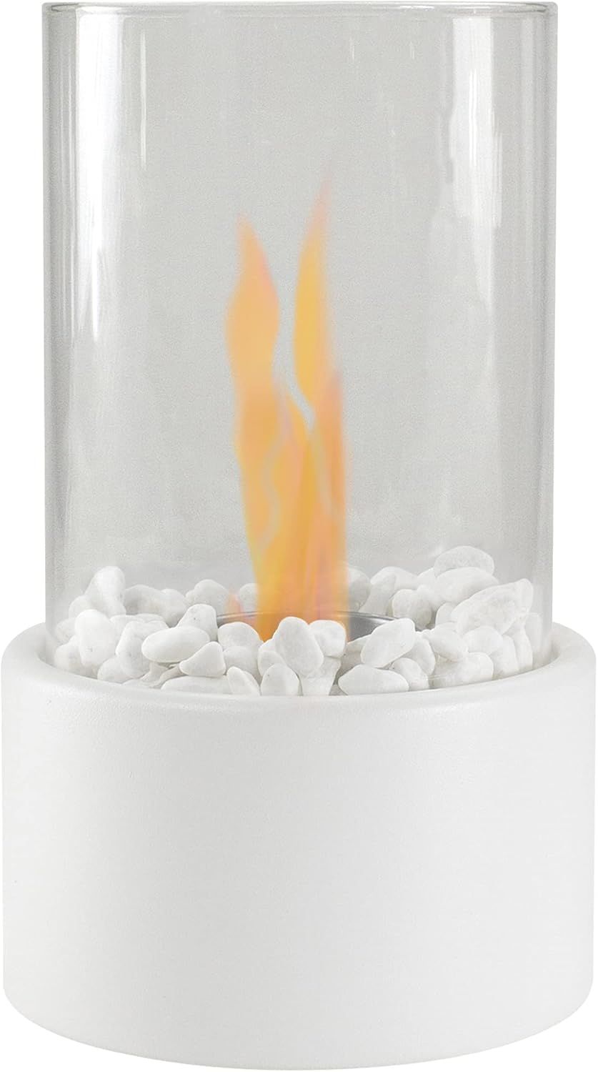 10.5" White Bio Ethanol Tabletop Fireplace with Glass Panels