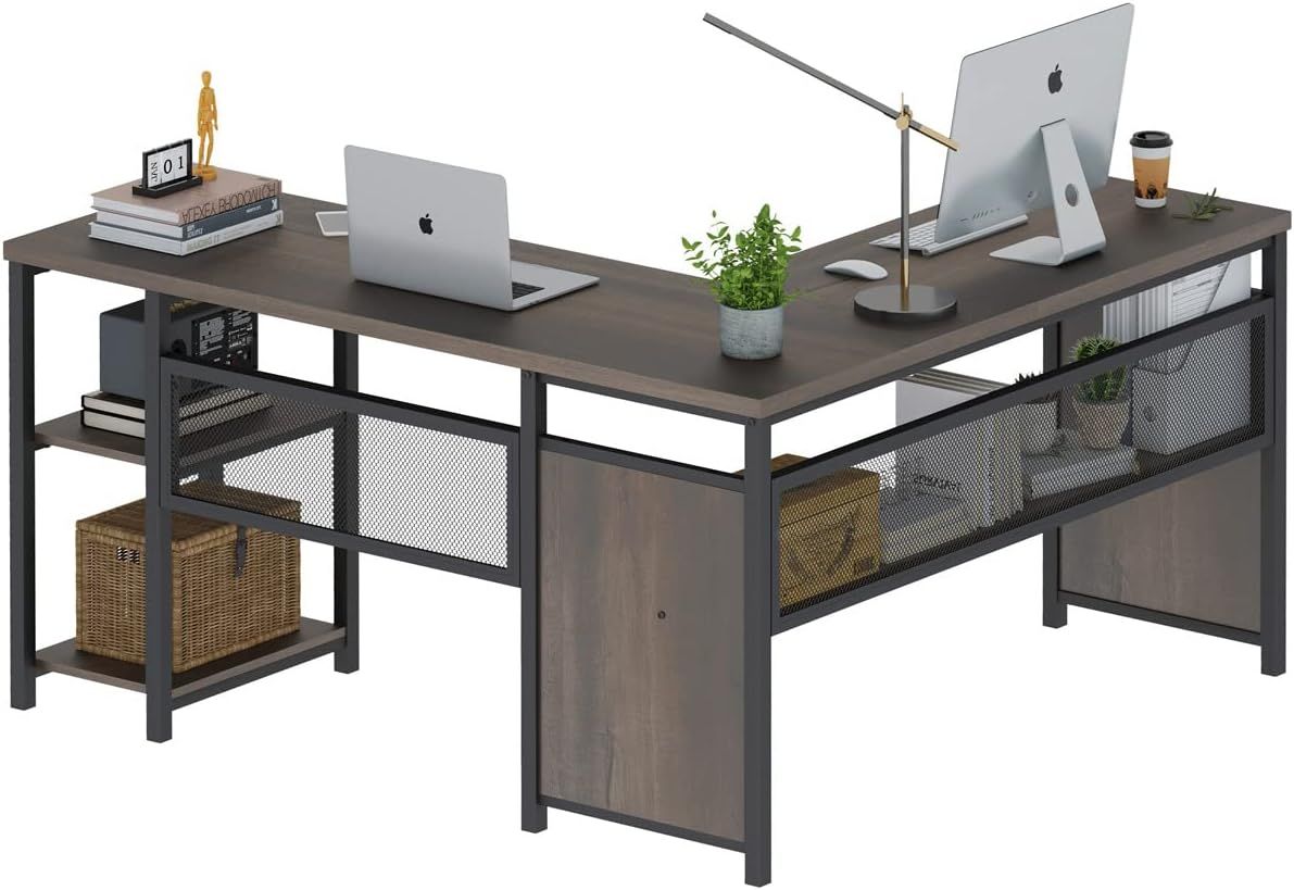 Walnut Brown L-Shaped Computer Desk with Shelves