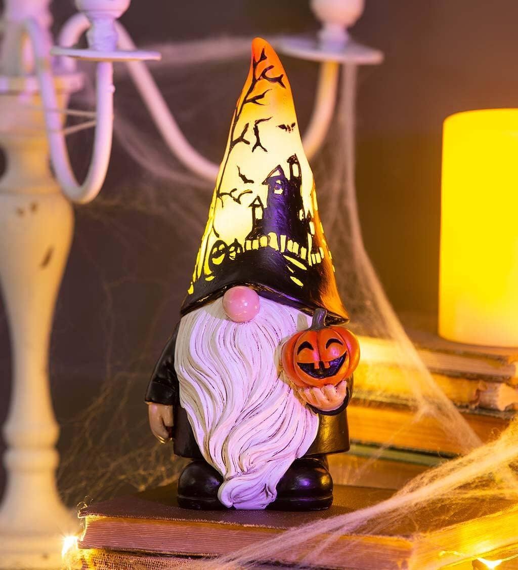 Halloween Gnome with Lighted Hat and Pumpkin Figurine