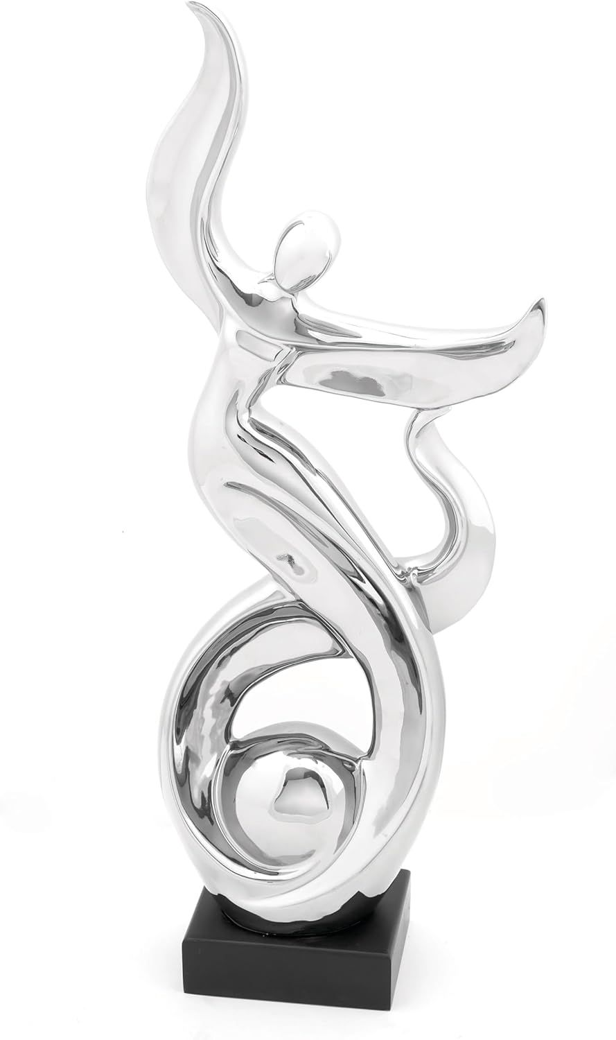 Silver Abstract Ceramic Dancer Statue with Black Base