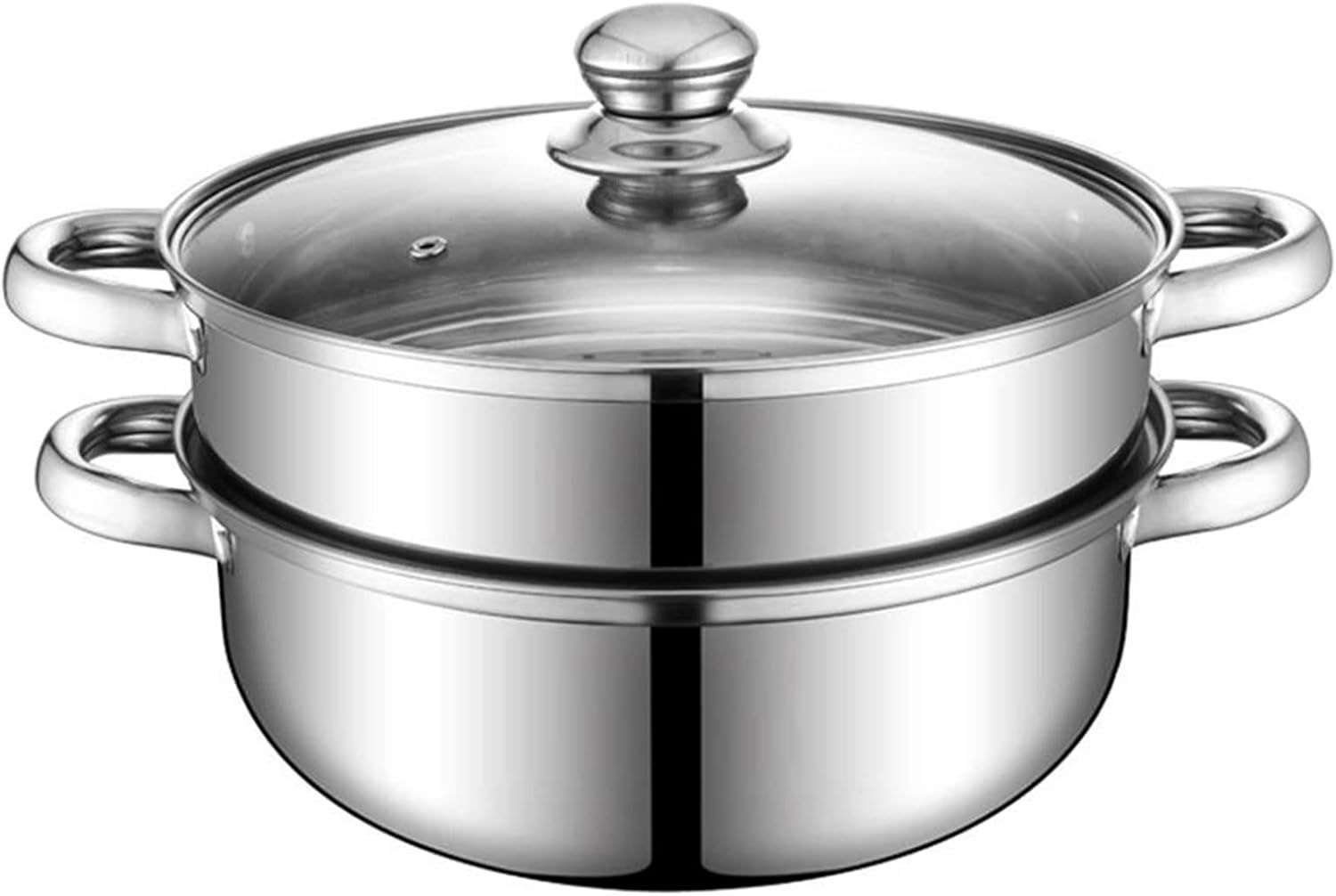 11.5'' Polished Stainless Steel 2-Tier Steamer Pot with Glass Lid