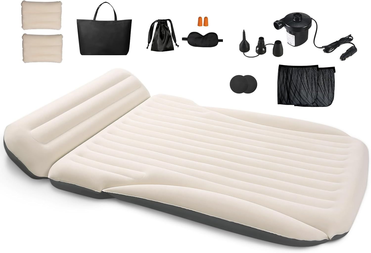 Beige Inflatable Car Mattress with Built-in Pillow and Pump