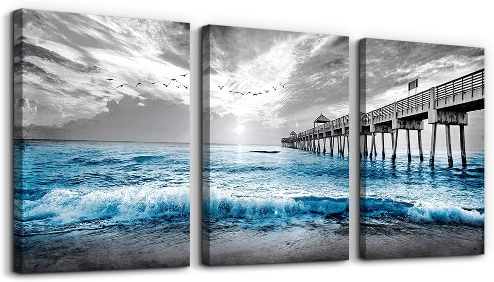 Large Framed Blue Ocean Pier Canvas Wall Art Set