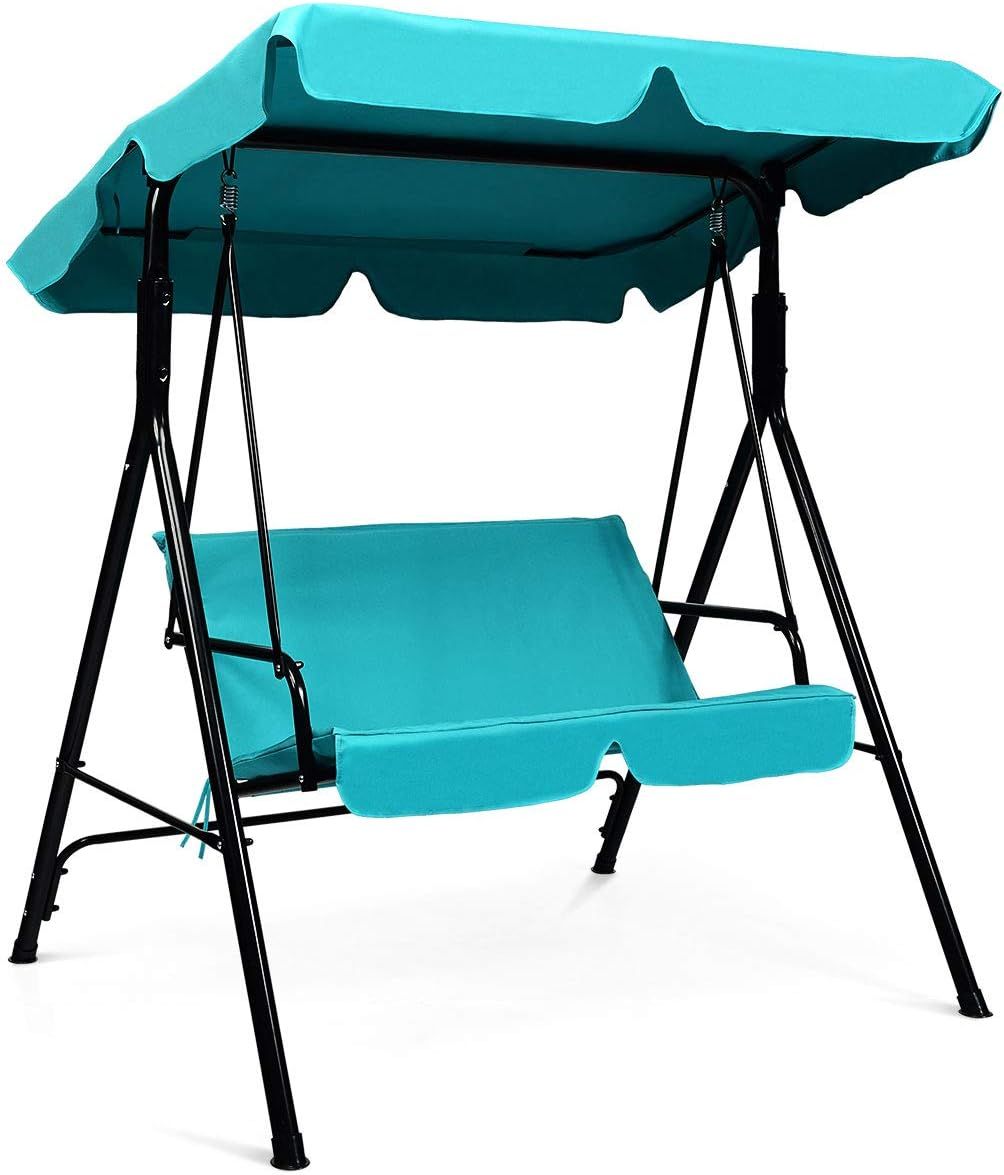 2-Person Turquoise Steel Patio Swing with Adjustable Canopy