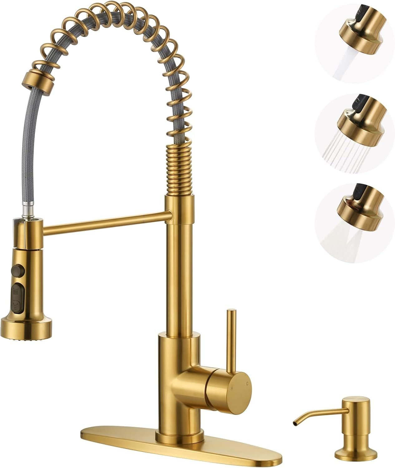 Brushed Gold Stainless Steel Pull Down Kitchen Faucet with Soap Dispenser