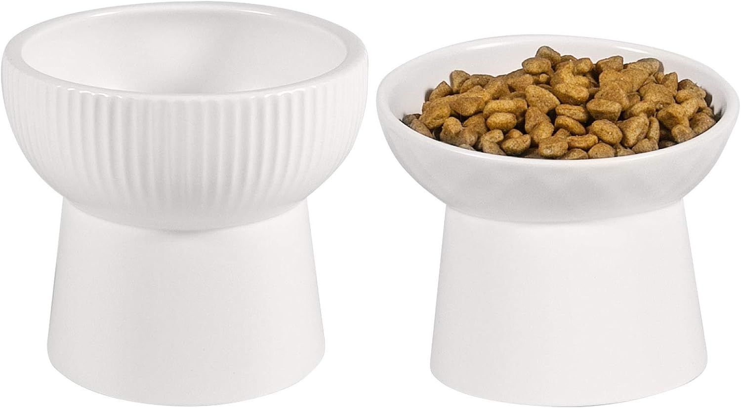 White Ceramic Elevated Cat Food and Water Bowl Set