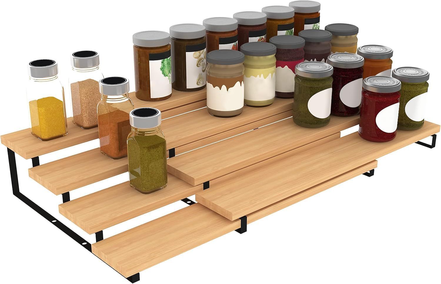 Expandable Bamboo and Metal 4-Tier Spice Rack Organizer