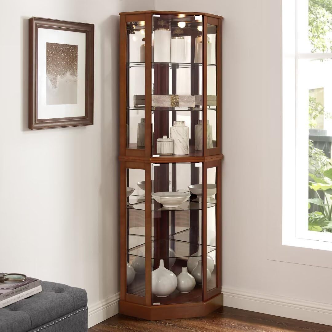 Walnut Lighted Corner Curio Cabinet with Adjustable Glass Shelves