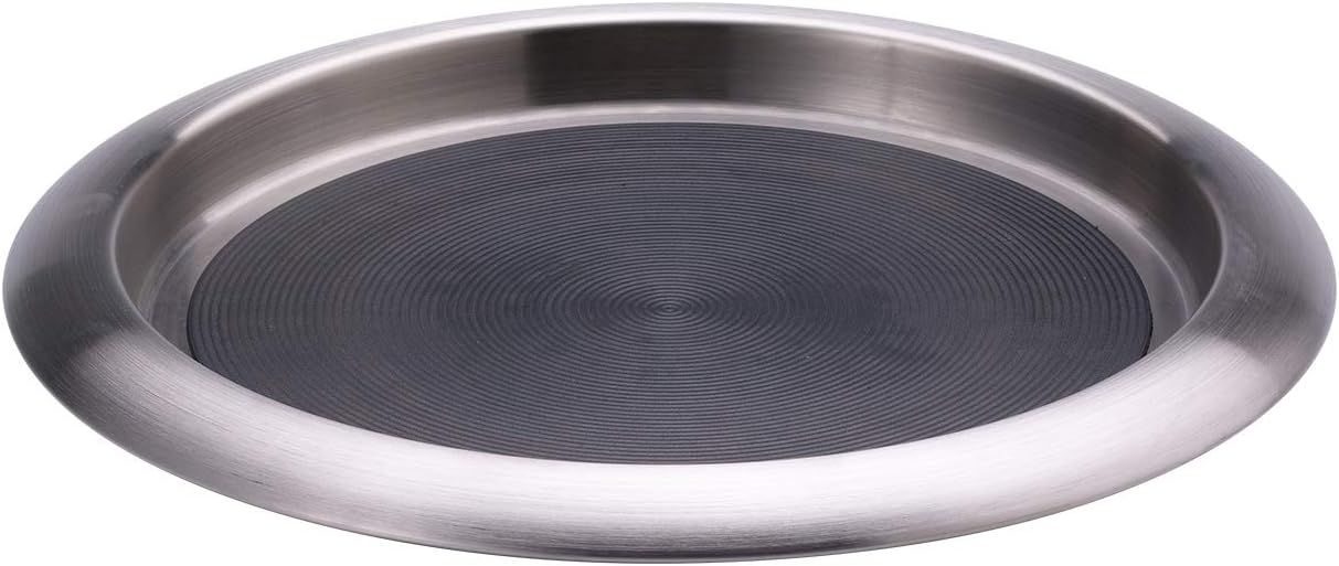 Silver Stainless Steel Round Serving Tray with Non-Slip Rubber Inserts