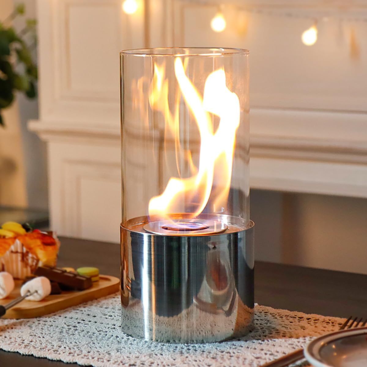 Modern Black Portable Cylindrical Tabletop Fireplace