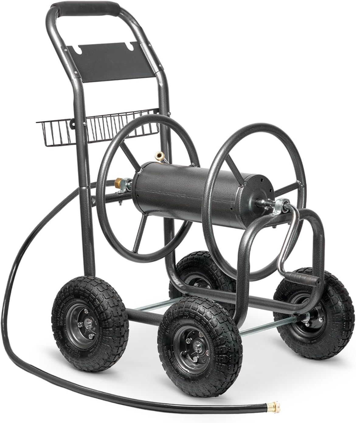 Heavy Duty Black Metal Garden Hose Reel Cart with Pneumatic Wheels