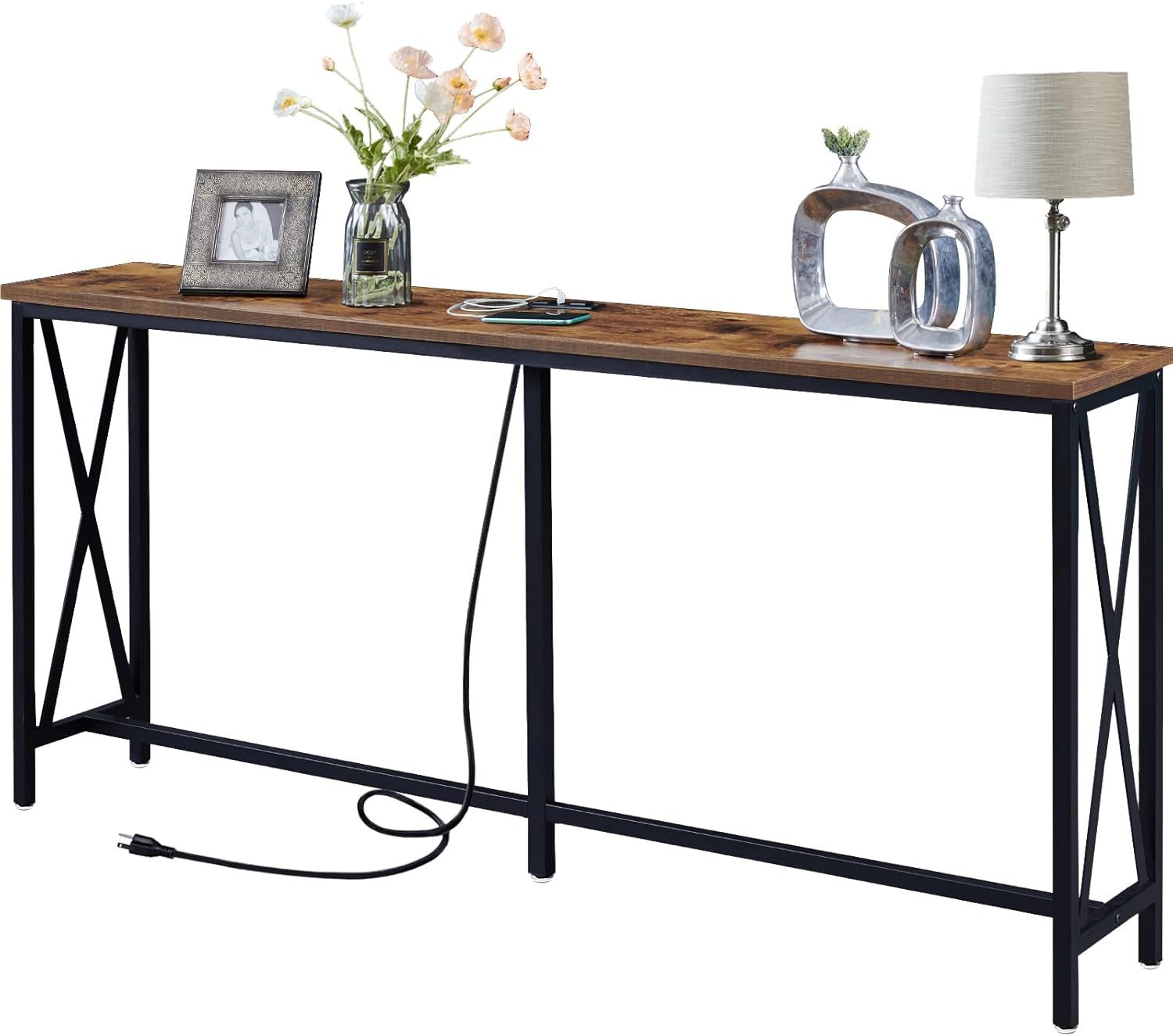 Rustic Brown 70 Inch Console Table with Metal Frame and Storage