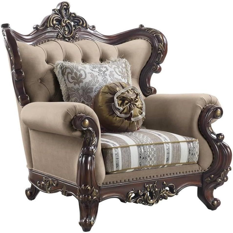 Light Brown Linen and Cherry Wood Floral Accent Chair