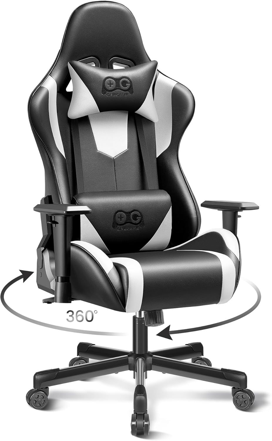 White and Black PU Leather Ergonomic Gaming Chair with Lumbar Support