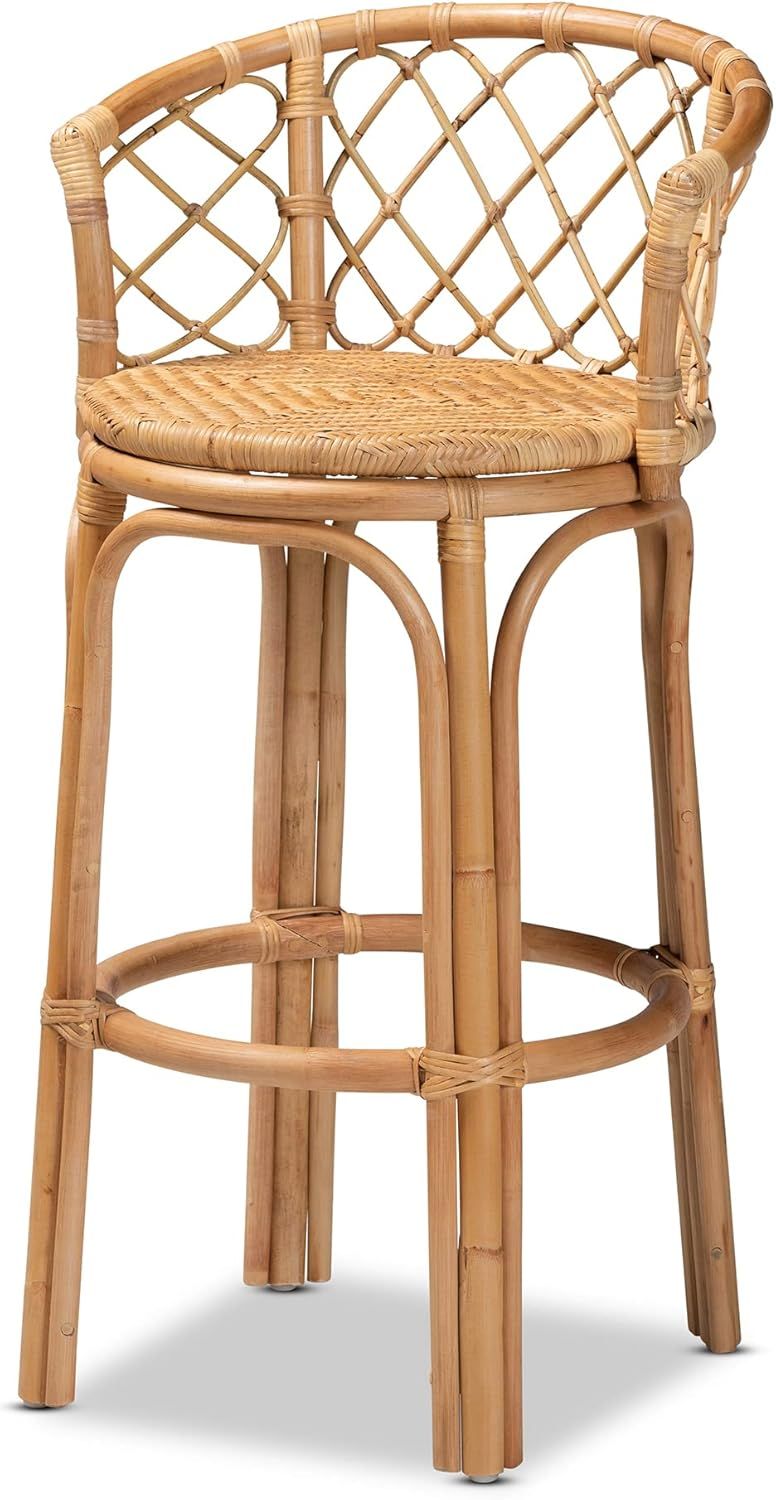 Natural Brown Rattan Bar Stool with Ergonomic Footrest