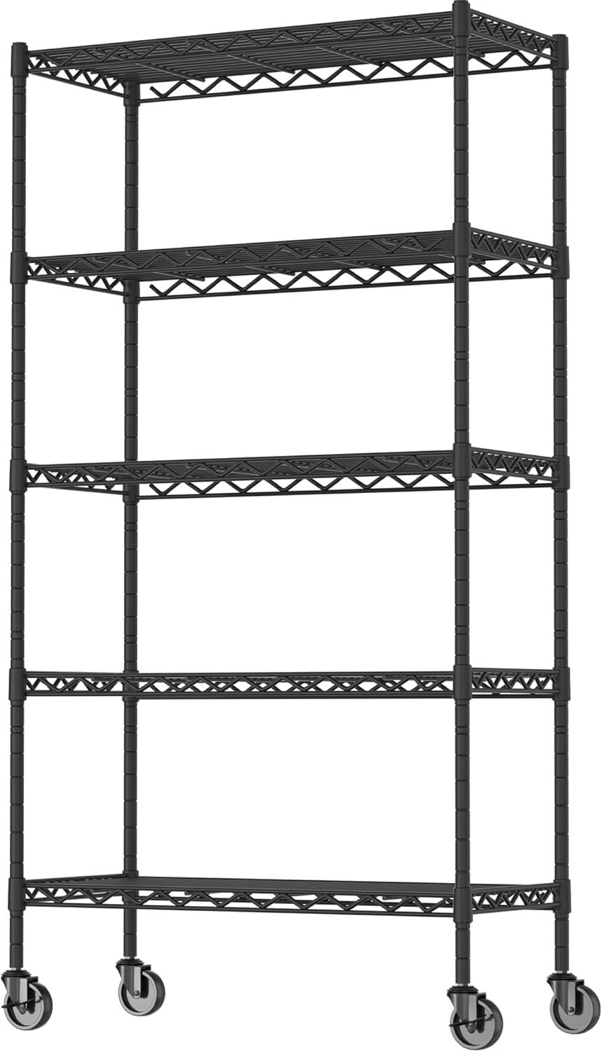 Black 5-Shelf Adjustable Metal Wire Storage Rack with Wheels