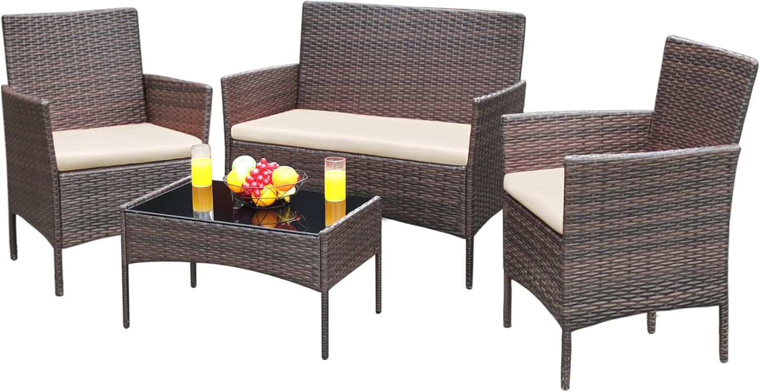 Brown and Beige Wicker Rattan 4-Piece Patio Furniture Set with Cushions