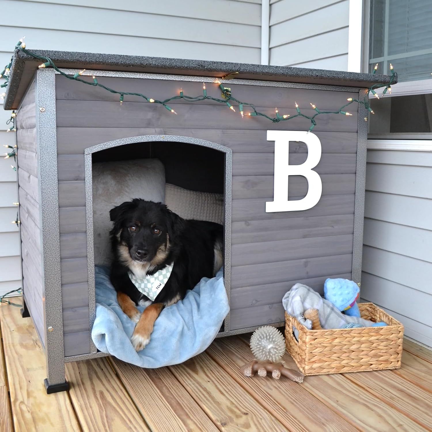 Medium Gray Wooden Dog House with Iron Frame