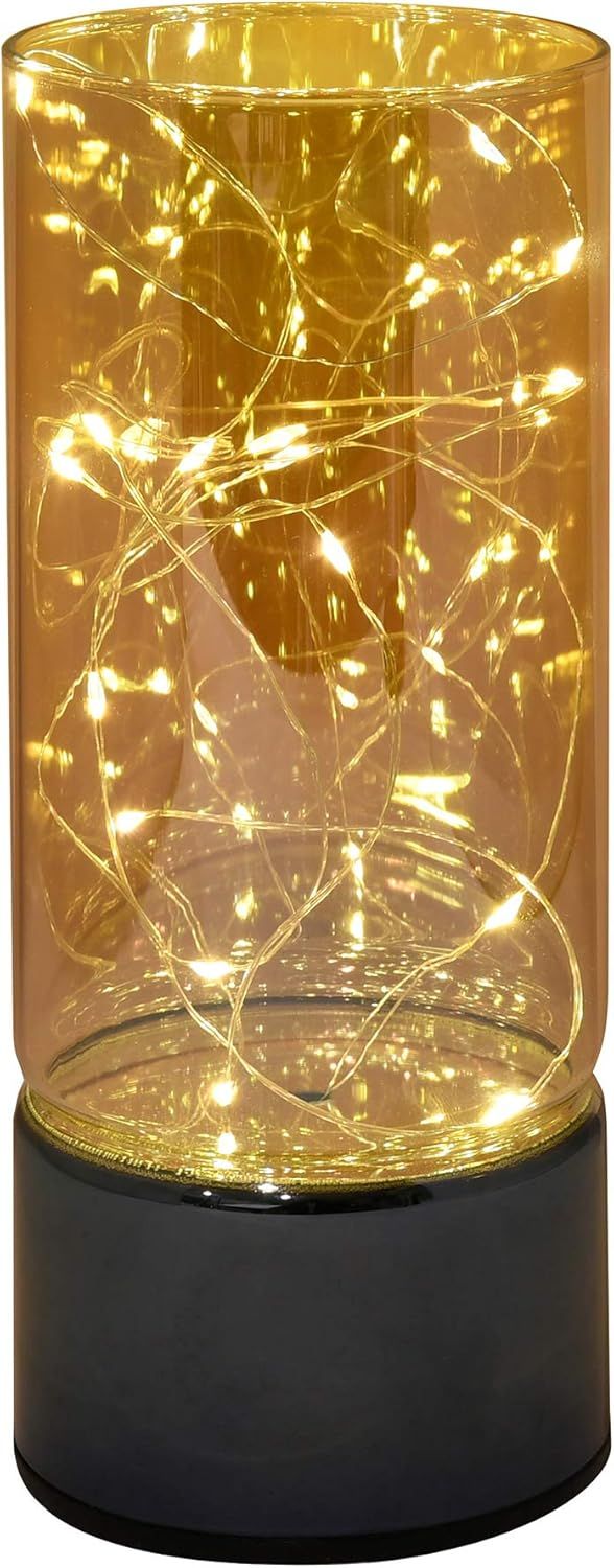 Amber Glass Hurricane Lantern with Fairy String Lights