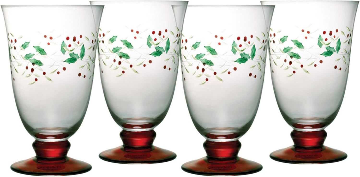 Winterberry Holiday Glass Goblets with Red Base, Set of 4