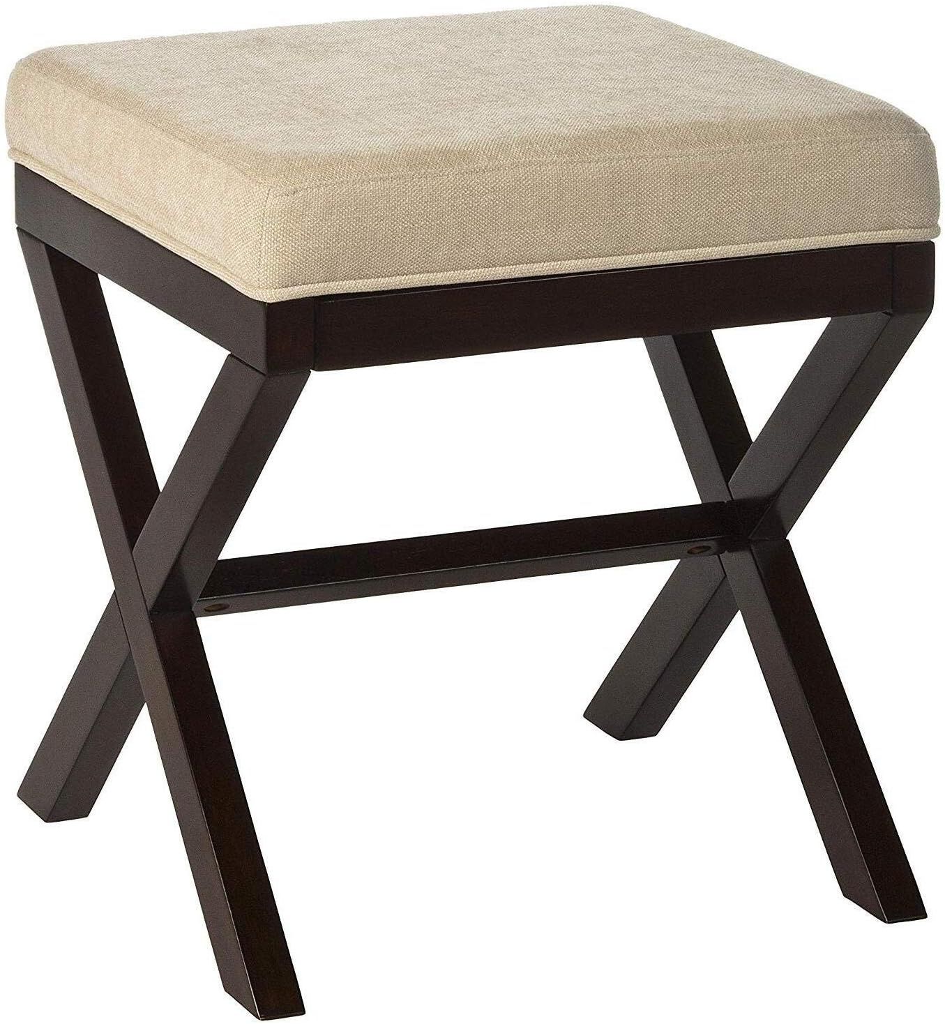 Espresso Wood and Beige Upholstered Backless Vanity Stool