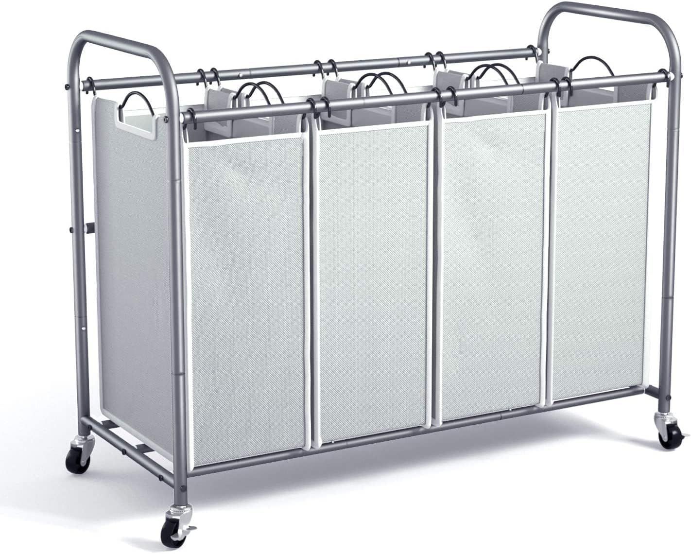 Gray Metal Frame 4-Compartment Laundry Sorter with Wheels